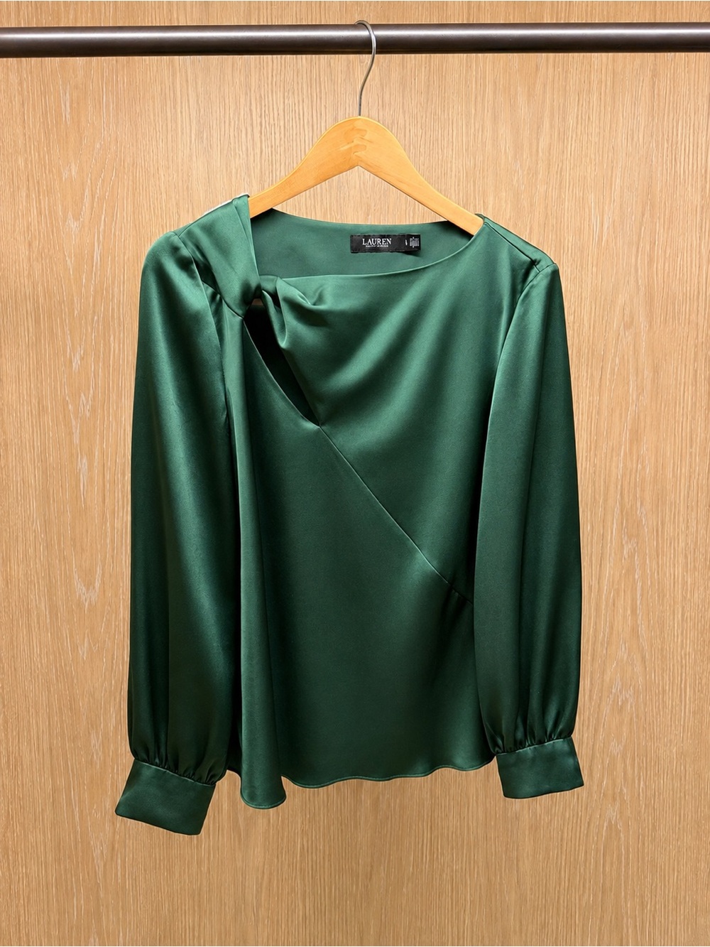 Lauren Ralph Lauren Emerald Green Satin Draped Blouse Large